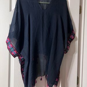 Navy Poncho with Pink Embroidery